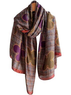 Women's Purple Lightweight Silk Like Scarves Flower Print Head Cotton Wrap Scarf